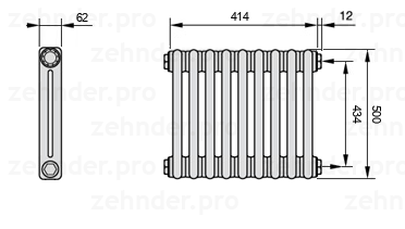 Схема (чертеж) Радиатор Zehnder Charleston 2050/9 №7610 Белый глянцевый RAL 9016